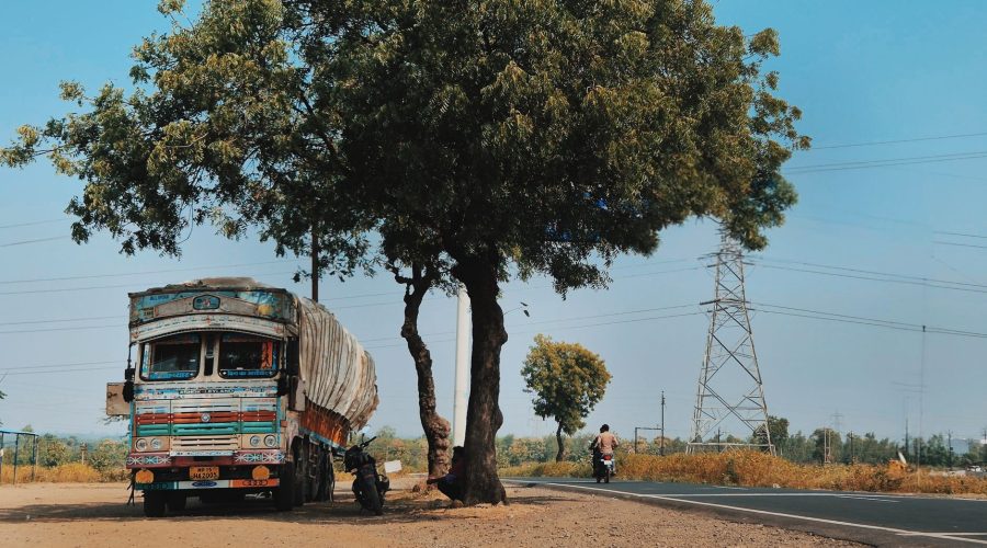 Vibrant truck parked beneath a leafy tree on a sunny rural road with motorbike passing by. — Why Is Transport Wheelchairs Not